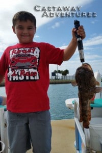 A boy holding a oyster toadfish caught during Cast Away Adventures, a fishing and outdoor activity experience in Florida.
